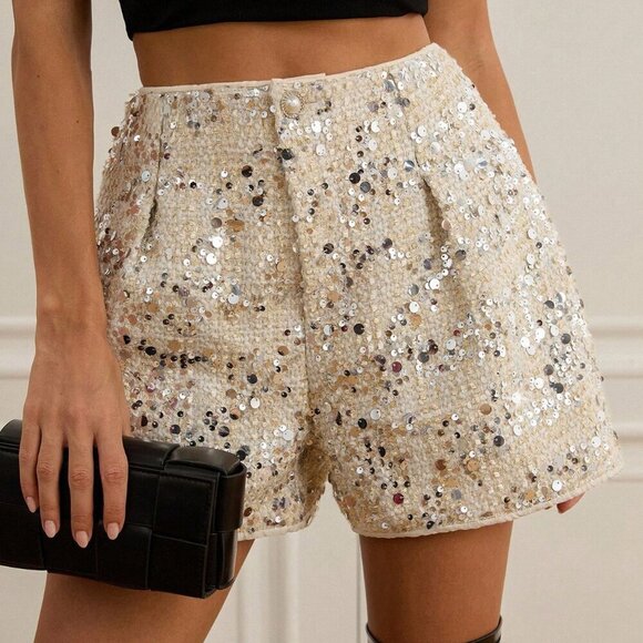 Beige Party Women's Tweed Sequin Shorts - Picture 5 of 6